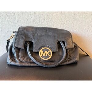 Michael Kors Black Leather Satchel Bag Gold Logo Hardware Designer Purse